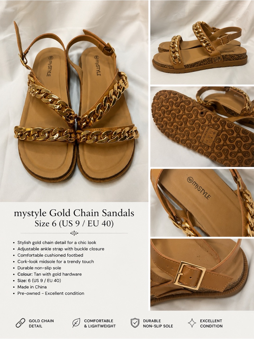 Tan Gold Chain Sandals — Women's Comfortable Buckle Sandal